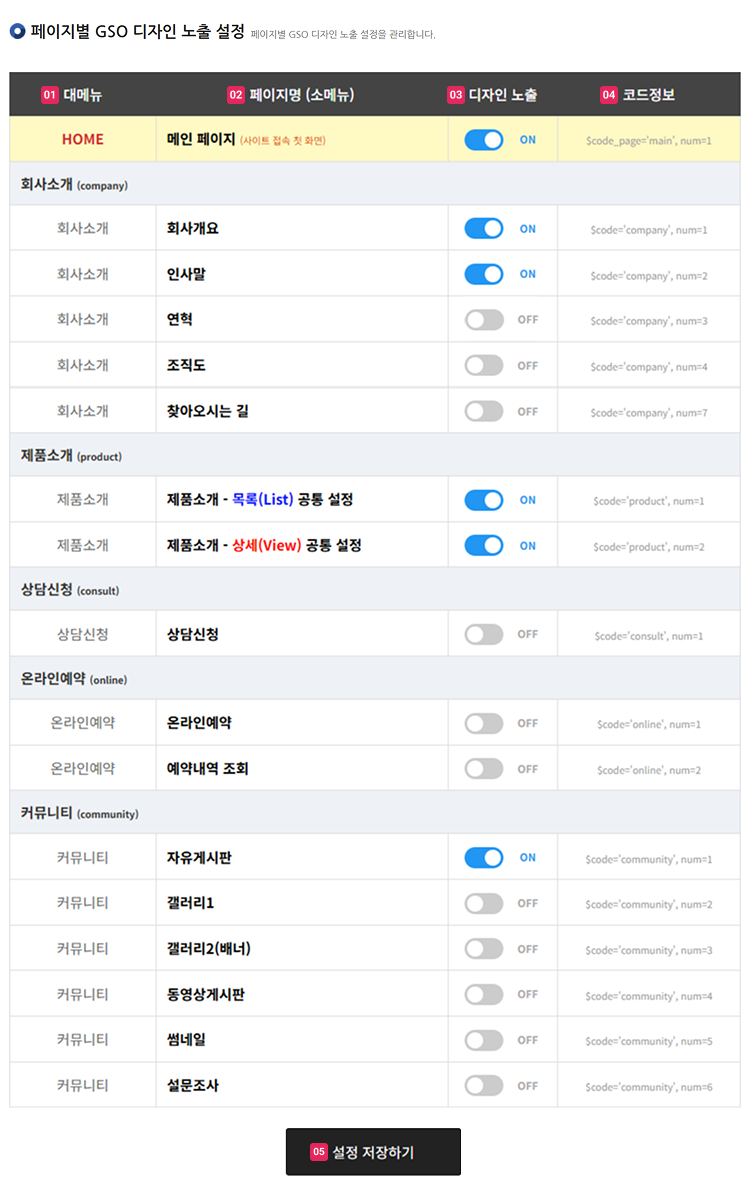 페이지별 GSO 디자인 노출 설정